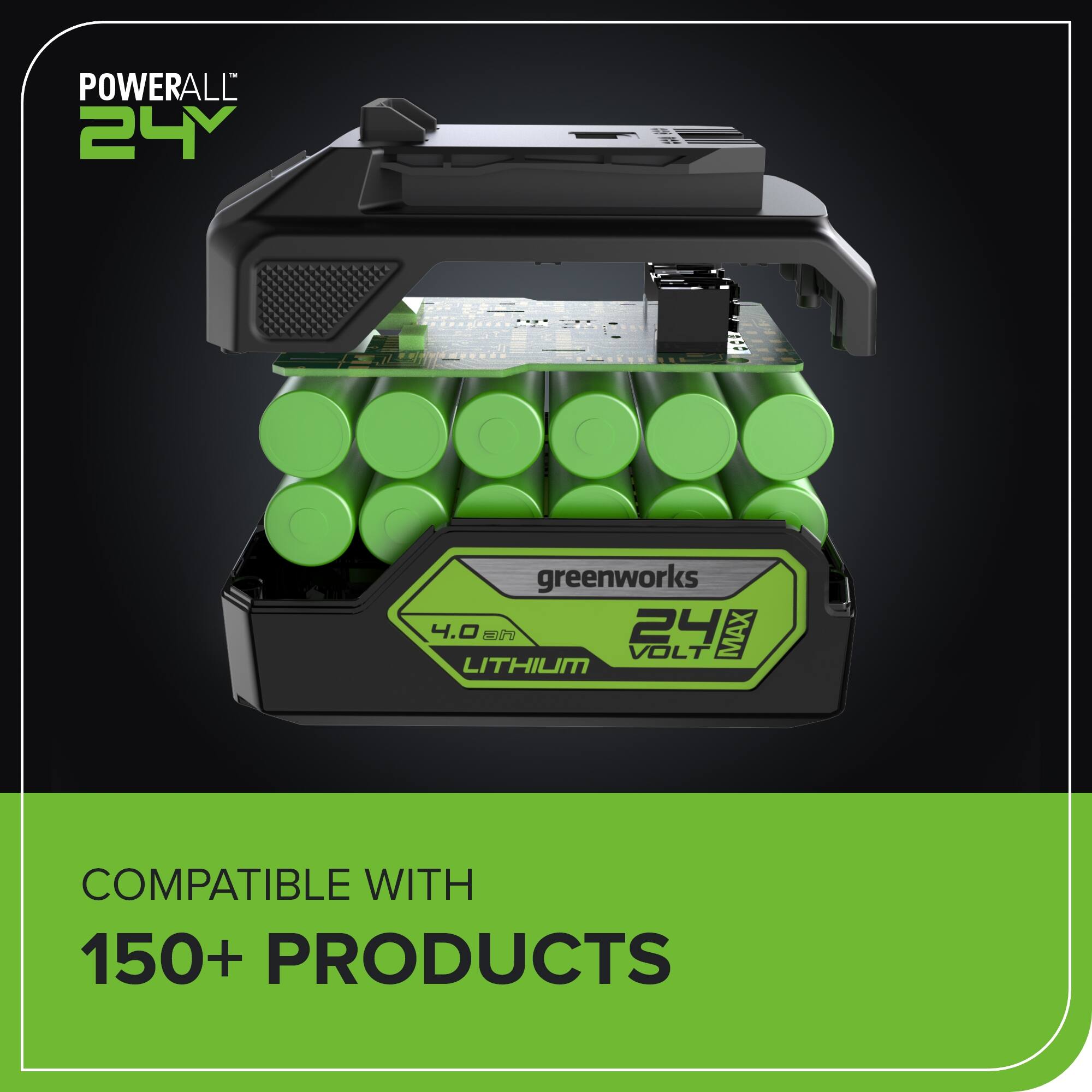 POWERALL 24V  
greenworks 4.0  
24 MAX VOLT  
LITHIUM  
COMPATIBLE WITH 150+ PRODUCTS
