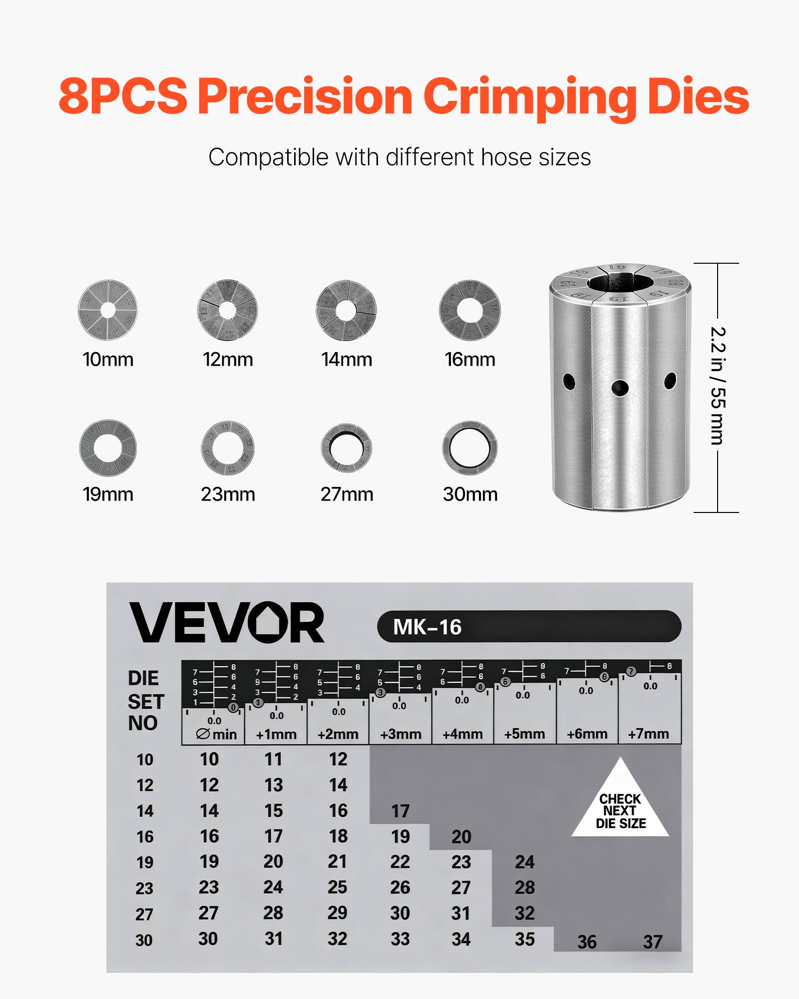 8PCS Precision Crimping Dies Compatible with different hose sizes 10mm 12mm 14mm 16mm 19mm 23mm 27mm 30mm 2.2in/55mm

VEVOR K-16

DIE SET NO

10 10 11 12 12 13 14 14 15 16 16 17 18 19 20 21 22 23 24 25 26 27 28 29 30 31 32 33 34 35 36 37

CHECK NEXT DIE SIZE
