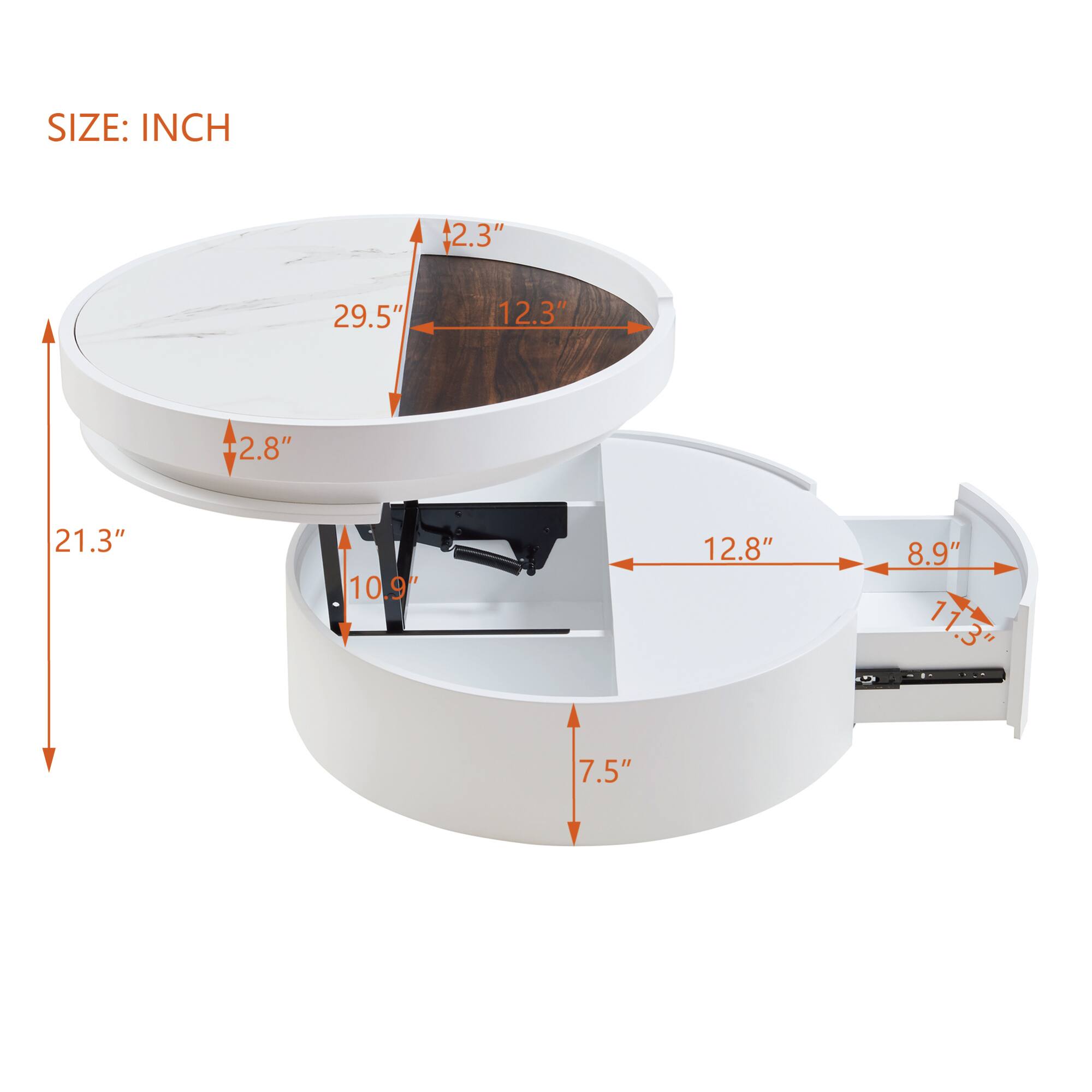 SIZE: INCH

- 29.5" (diameter)
- 12.3" (depth)
- 2.3" (height)
- 2.8" (height)
- 21.3" (height)
- 10.9" (height)
- 12.8" (width)
- 8.9" (width)
- 7.5" (height)
- 7.3" (height)