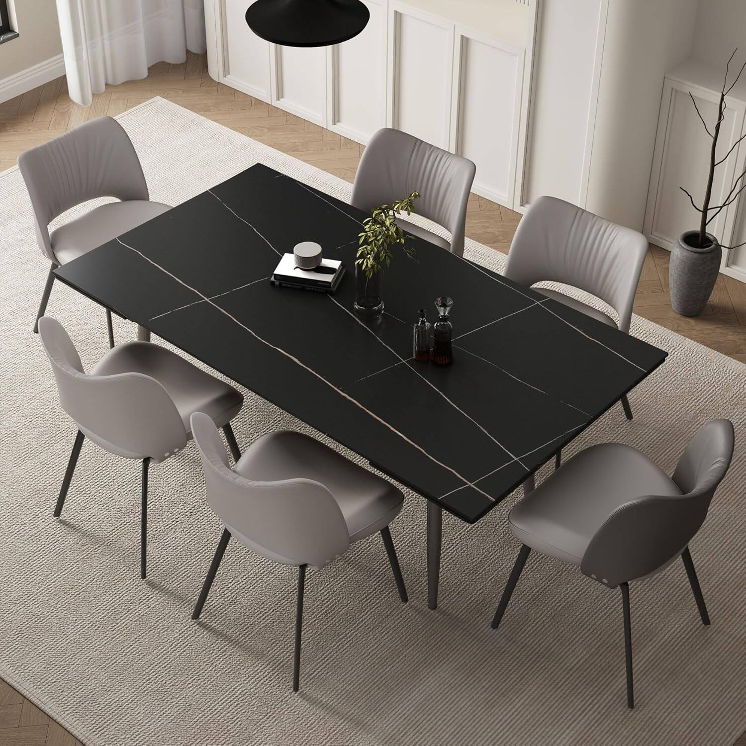 Back. luck idea - Extendable Sintered Stone Dining Table 62.9"-94.4" Heat Scratch Resistant Black Rock Slate Metal Leg Kitchen Table - black.