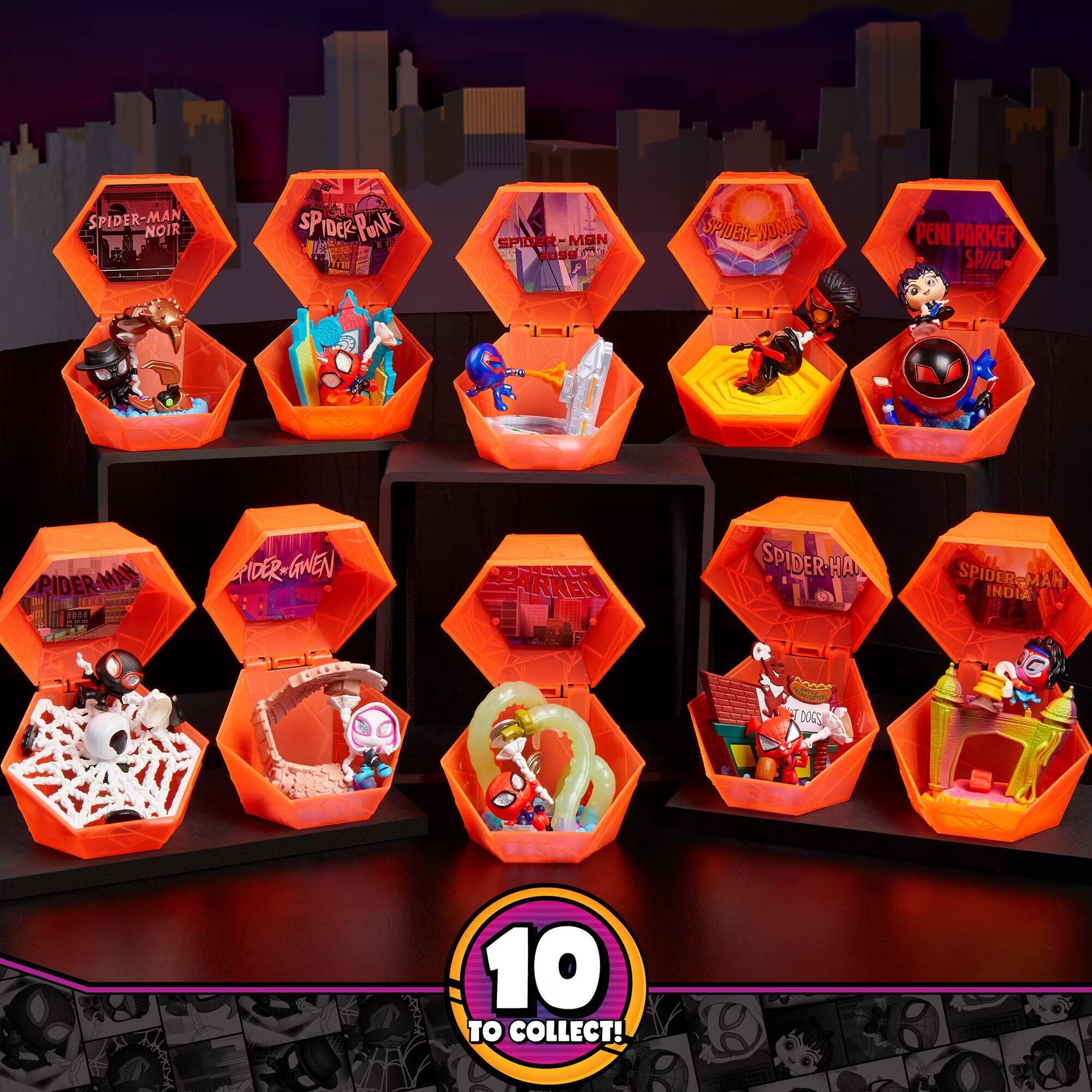 SPIDER-MAN NOIR  
SPIDER-MAN 2099  
SPIDER-JOVAN  
PENI PARKER  
SPIDER-MAN  
SPIDER-GWEN  
SPIDER-HAM  
SPIDER-MAN INDIA  
SPIDER-DOGS  
10 TO COLLECT!