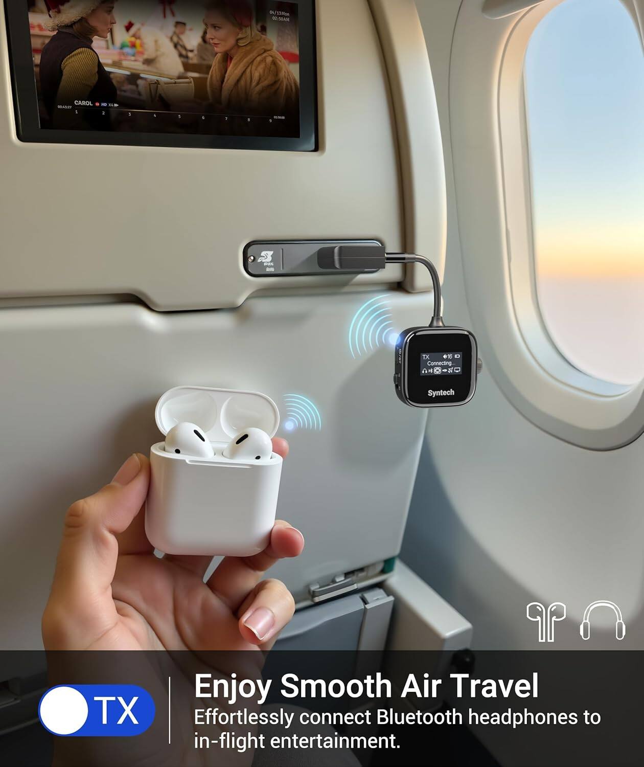 06/22mmom ESOAM CAROL MASE - - ... . - - -  a - - - - TX  Connecting CH ~ 4 2 Syntech TX P Enjoy Smooth Air Travel Effortlessly connect Bluetooth headphones to in-flight entertainment.