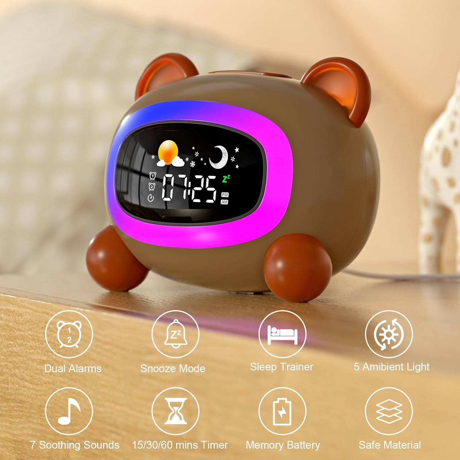 z2 07:25 AM PM 1 2 ZZ Dual Alarms Snooze Mode Sleep Trainer 5 Ambient Light 7 Soothing Sounds 15/30/60 mins Timer Memory Battery Safe Material
