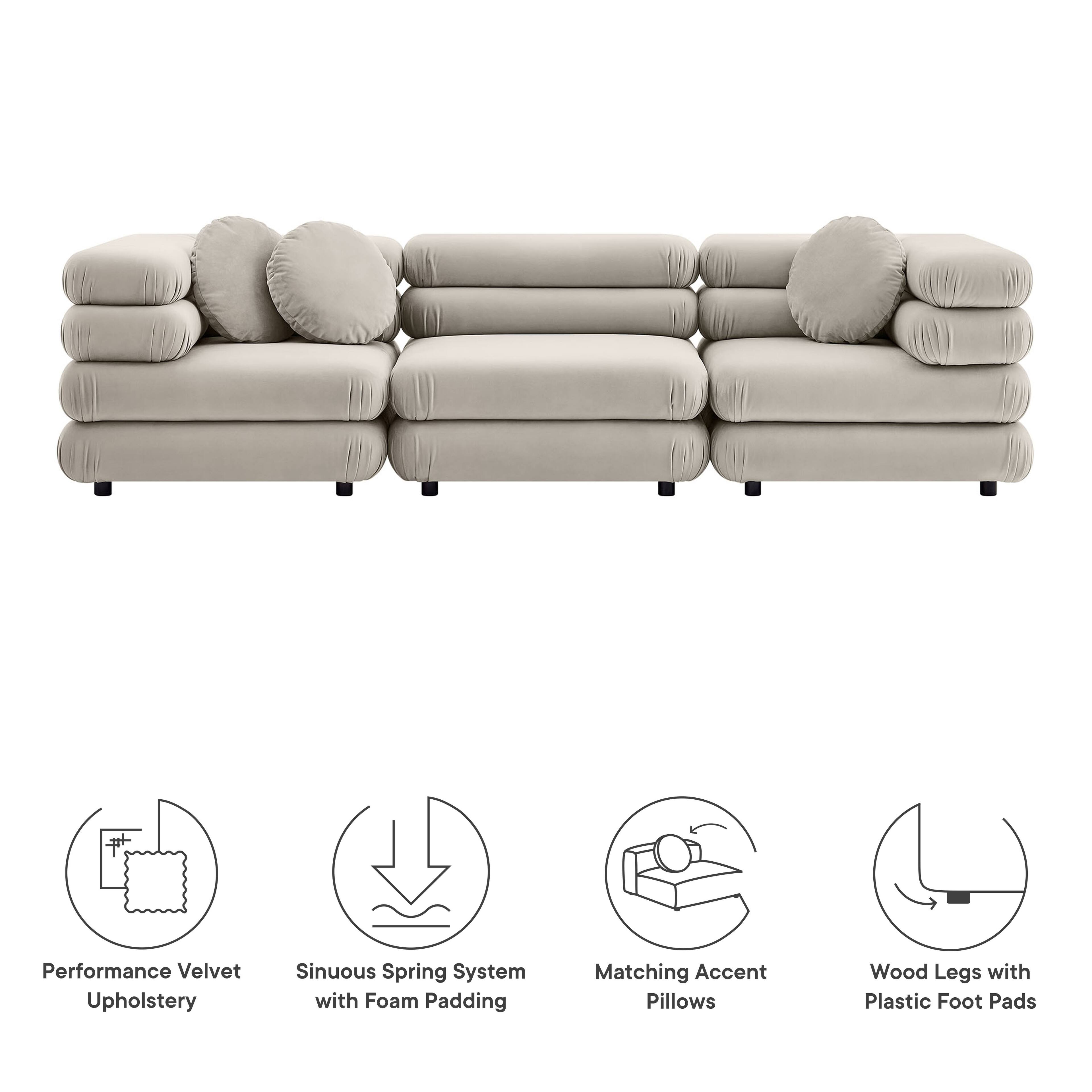 Performance Velvet Upholstery, Sinuous Spring System with Foam Padding, Matching Accent Pillows, Wood Legs with Plastic Foot Pads