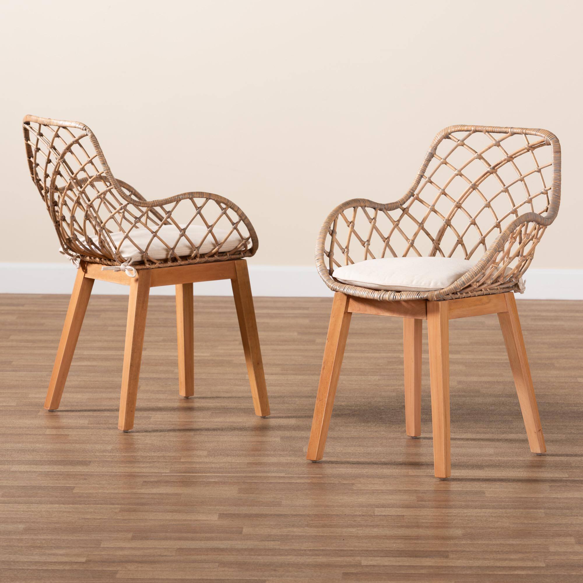 Alt View 4. bali & pari - Ballerina Modern Bohemian Rattan and Finished Wood 2-Piece Dining Chair Set - Greywash/Natural Brown/White.