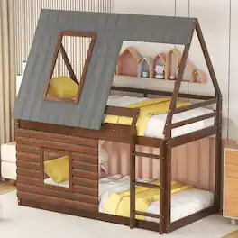 Loheer - Wood Twin Over Twin House Bunk Bed with Roof and Windows Oak - Oak & Smoky Grey