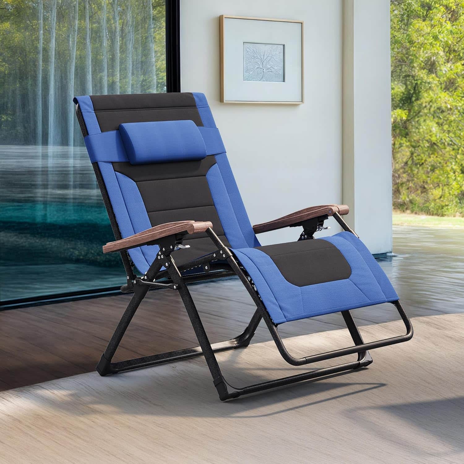 Front. PURPLE LEAF - ExtraWide Outdoor Chaise Lounge Patio Zero Gravity Recliner Folding Chair with Quilted Seat Adjustable Headrest for Lawn - Navy Blue & Black.