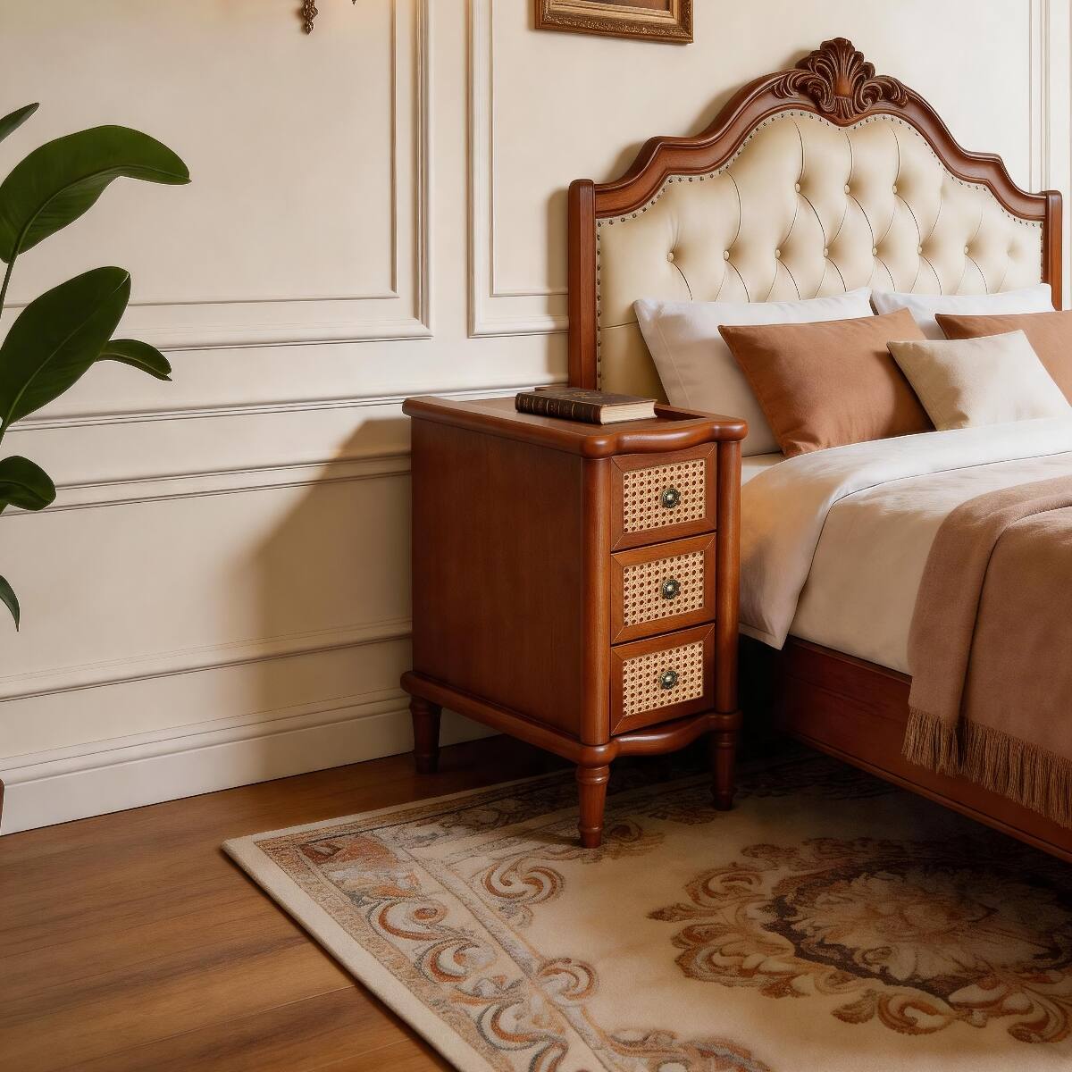 Front. Loheer - Loheer Rattan Nightstand with Three Drawers, Narrow Walnut Bedside Table - Walnut.
