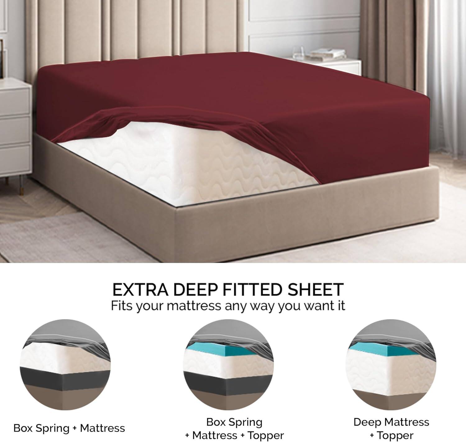 EXTRA DEEP FITTED SHEET  
Fits your mattress any way you want it  

- Box Spring + Mattress  
- Box Spring + Mattress + Topper  
- Deep Mattress + Topper