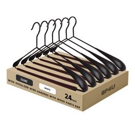 BP4U - 24-Pack Heavy Duty Metal Wide Shoulder Suit Hangers, Welded Coat Hangers with Beech Wood Pants Bar(Black) - Black/Walnut