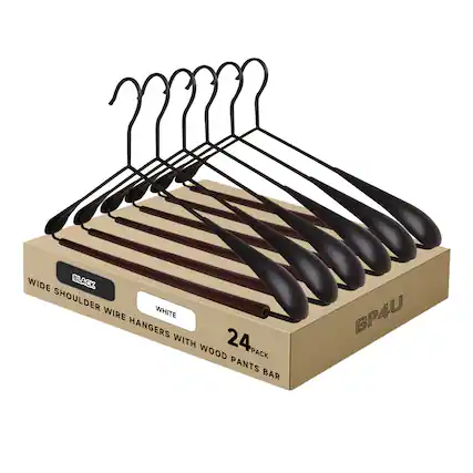 WIDE SHOULDER WIRE HANGERS WITH WOOD PANTS BAR
24 PACK
BLACK
WHITE
BP4U
