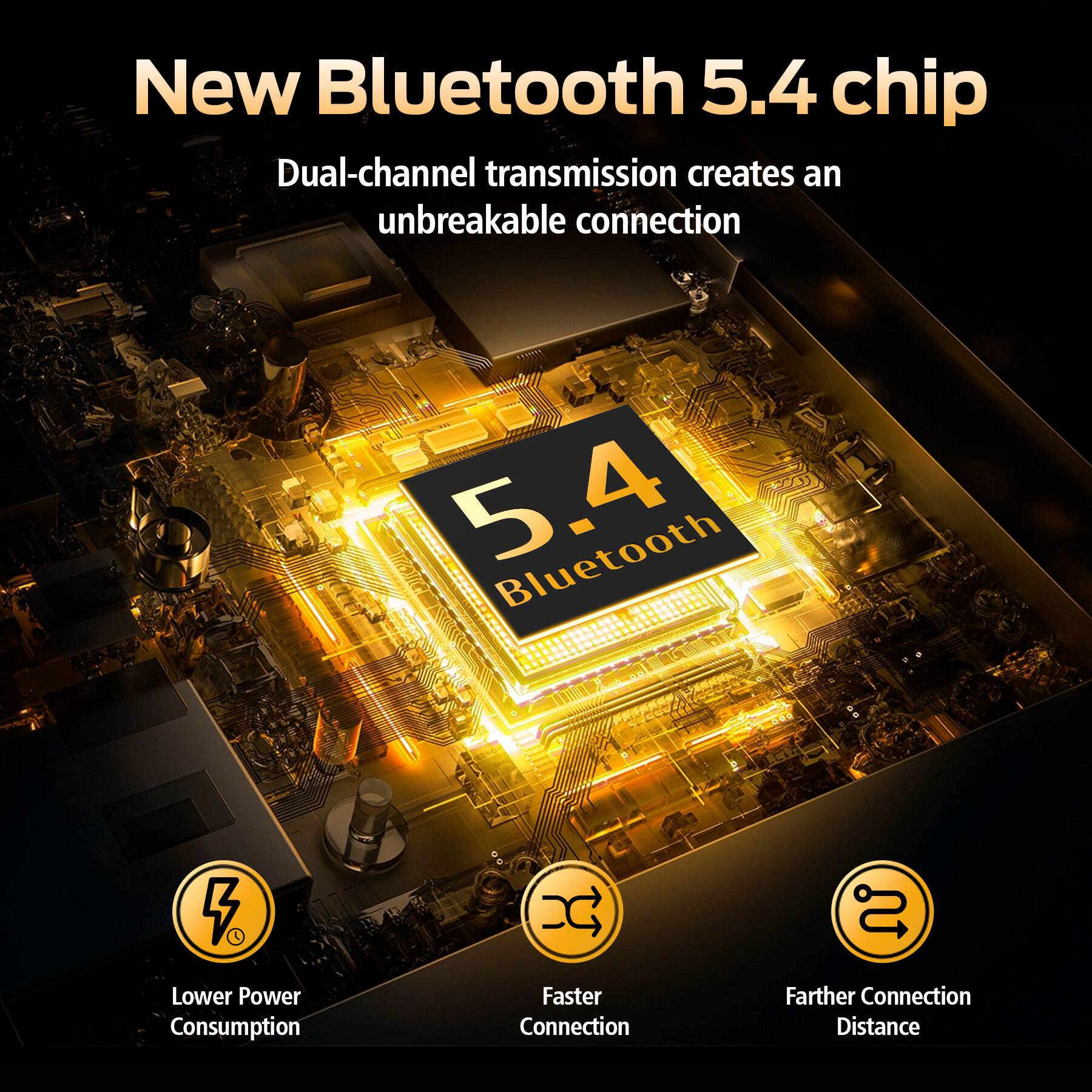 New Bluetooth 5.4 chip  
Dual-channel transmission creates an unbreakable connection  

- Lower Power Consumption  
- Faster Connection  
- Farther Connection Distance