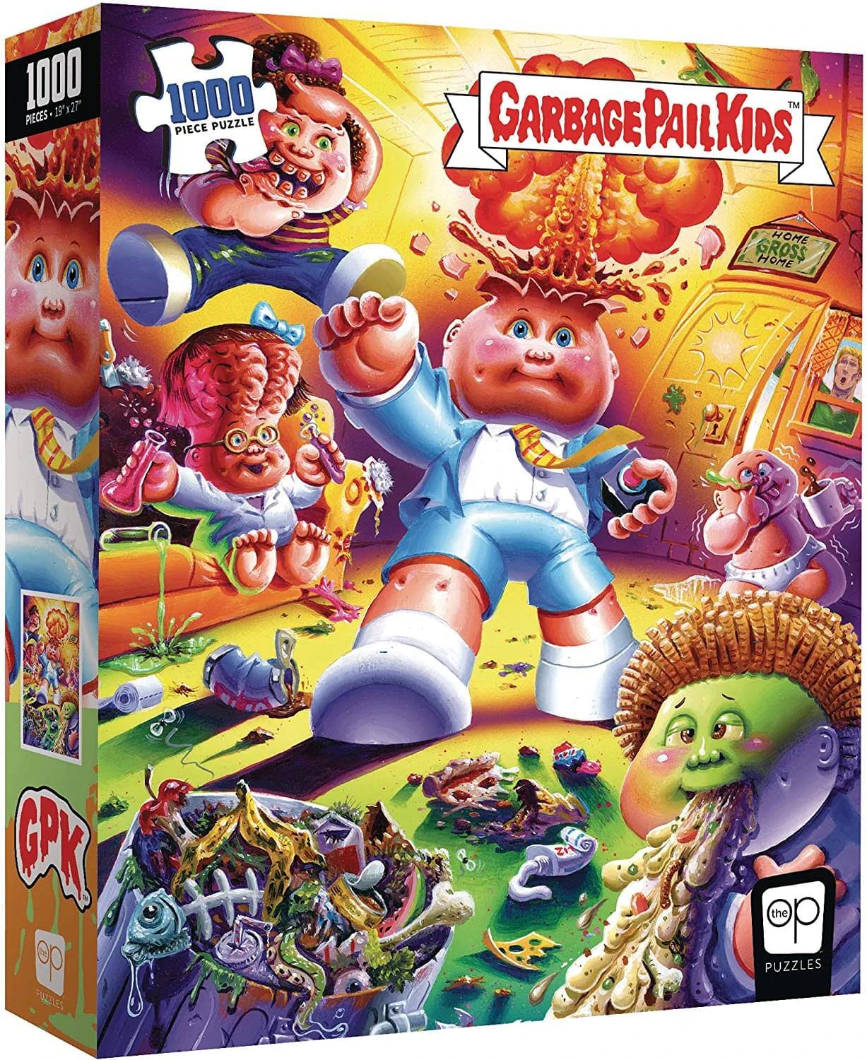 1000 PIECES - 19" x 27"  
1000 PIECE PUZZLE  
GARBAGE PAIL KIDS  
HOME GROSS HOME  
GPK  
the OP PUZZLES