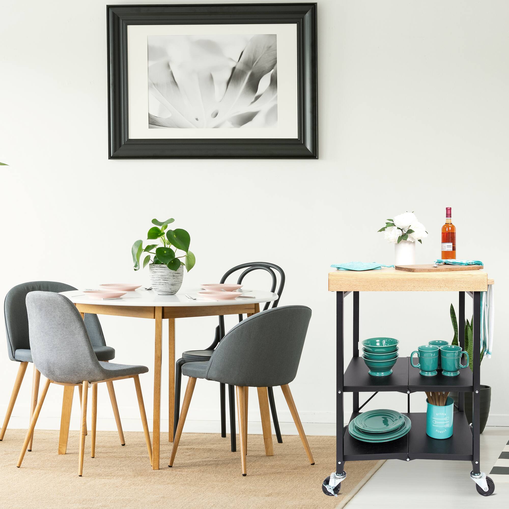 Alt View 2. Origami - Origami Foldable Wheeled Portable Solid Wood Top Kitchen Island Bar Cart, Black - Black.