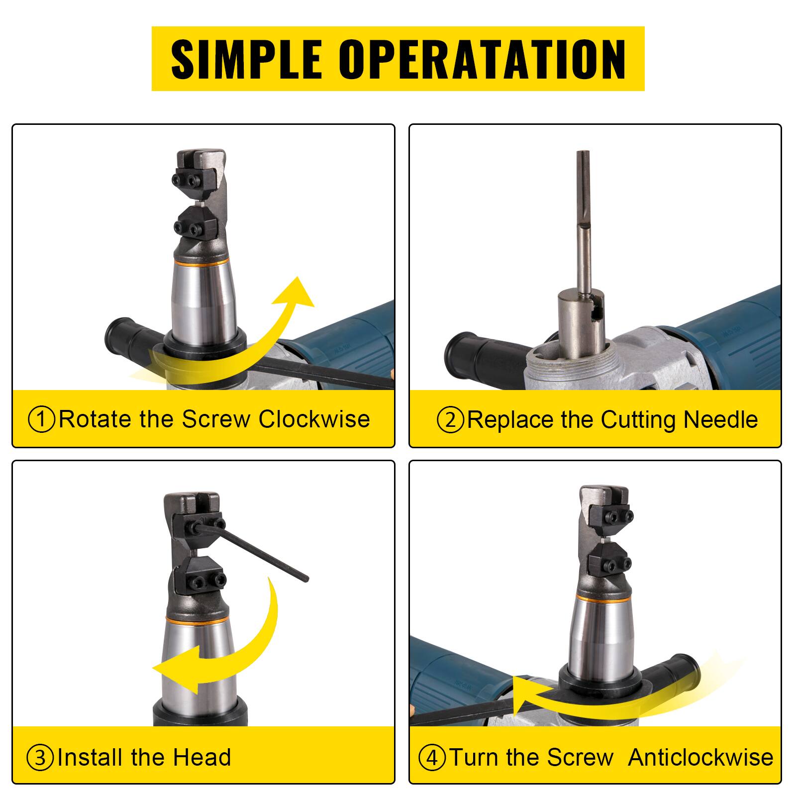 SIMPLE OPERATION
1. Rotate the Screw Clockwise
2. Replace the Cutting Needle
3. Install the Head
4. Turn the Screw Anticlockwise