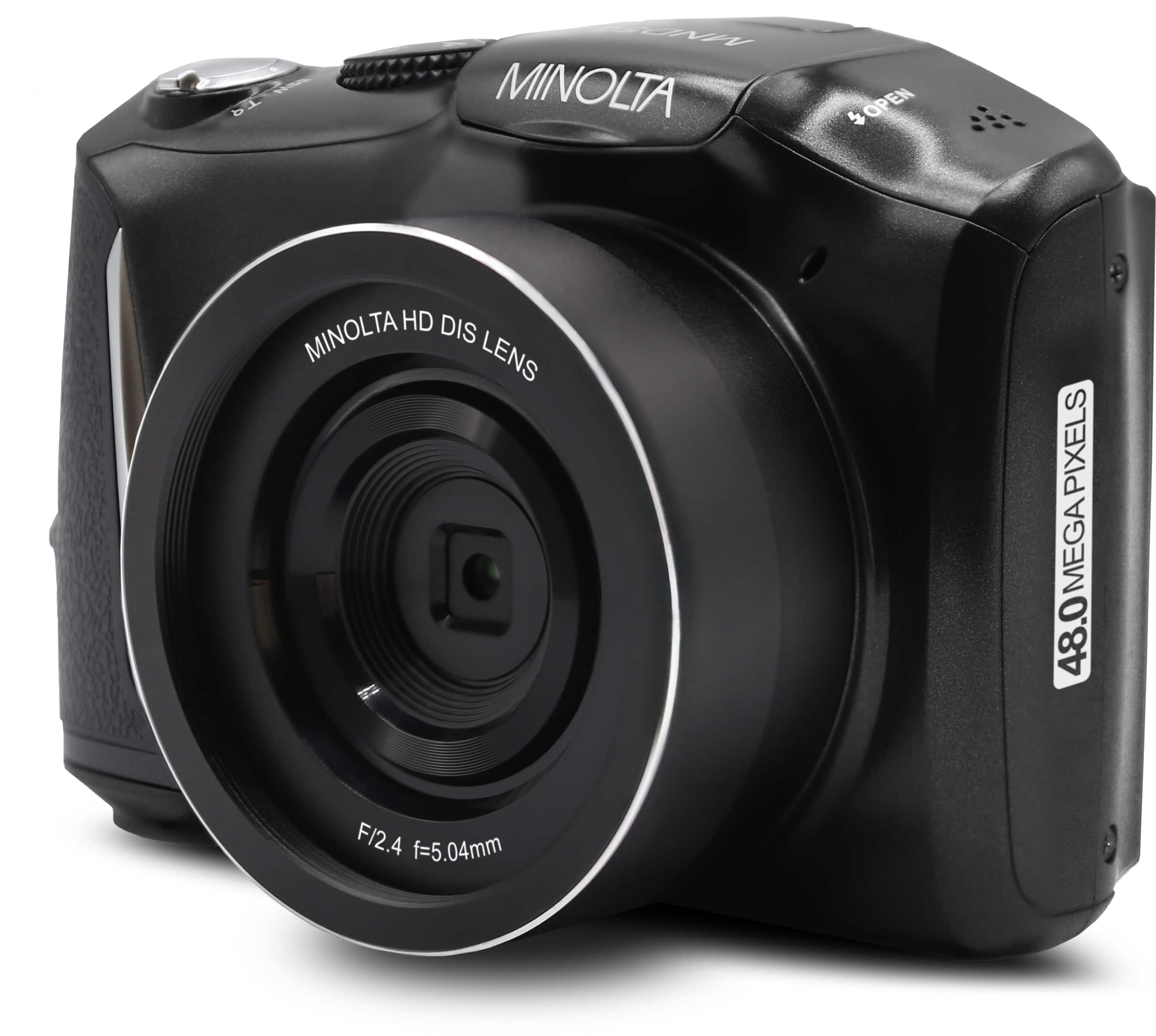 The image features a black Minolta camera with a lens on it. The camera is equipped with a 48.0 megapixel sensor, which is capable of capturing high-resolution images. The lens has a focal length of 5.04mm, which allows for a wide field of view. The camera is designed to provide users with a high-quality photography experience.