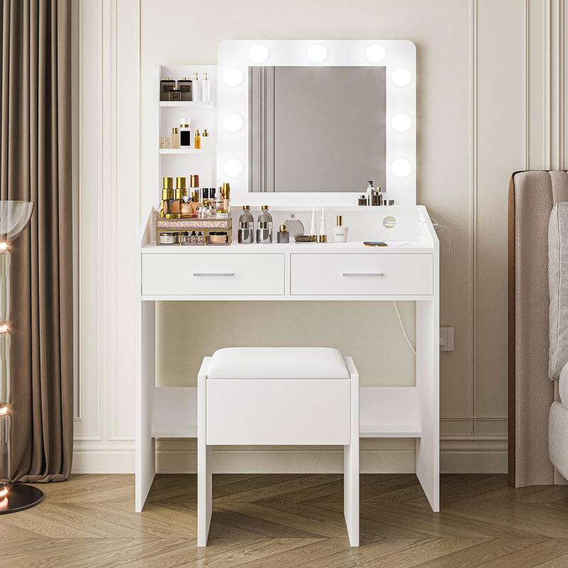 Alt View 4. GARVEE - Vanity Desk with Mirror and Lights, Marble Finish Makeup Table, 2 Drawers, Dimmable LED, Stool Included, White - White.