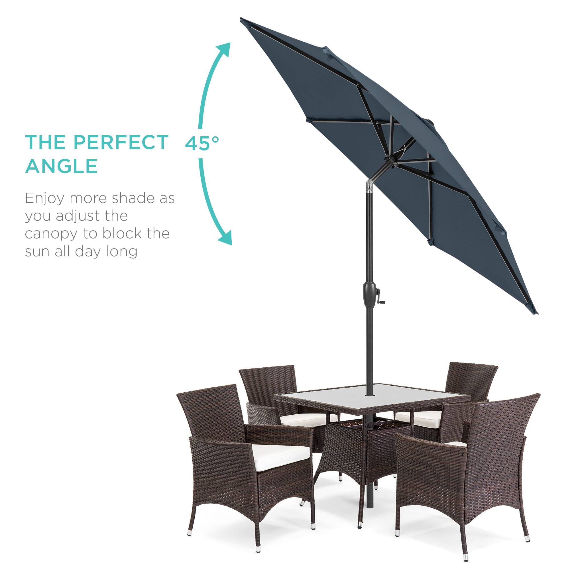 The perfect 45° angle. Enjoy more shade as you adjust the canopy to block the sun all day long.