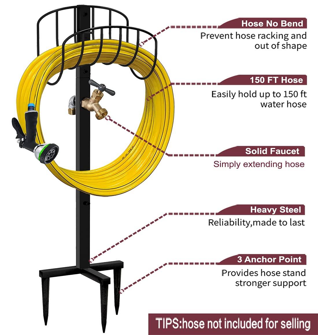 - Hose No Bend: Prevent hose racking and out of shape
- 150 FT Hose: Easily hold up to 150 ft water hose
- Solid Faucet: Simply extending hose
- Heavy Steel: Reliability, made to last
- 3 Anchor Point: Provides hose stand stronger support
- TIPS: hose not included for selling