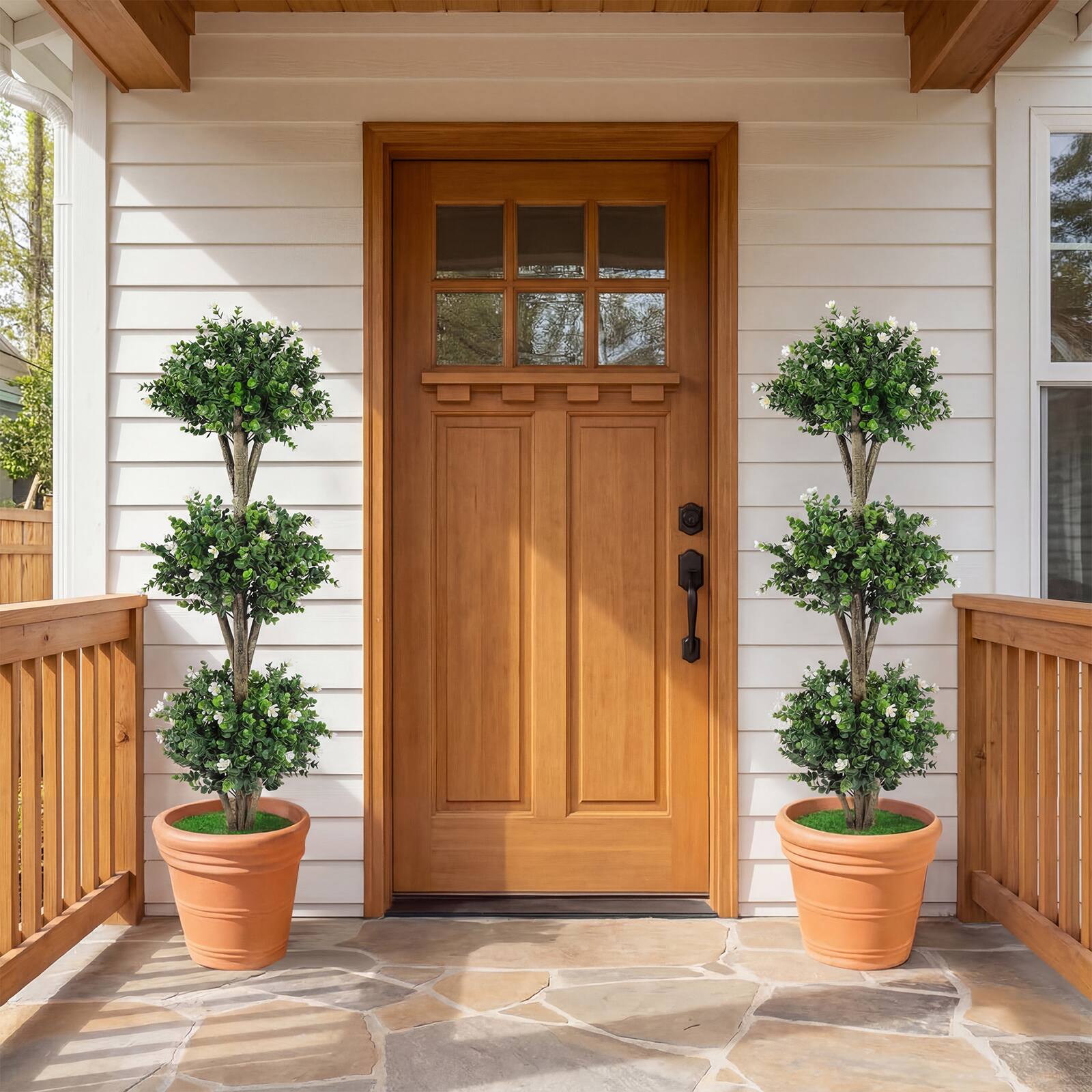 Alt View 1. Gymax - Gymax 2PCS Artificial Triple Ball Boxwood Topiary Tree w/59 Blossoms for Porch Home Green & Black & White - White.