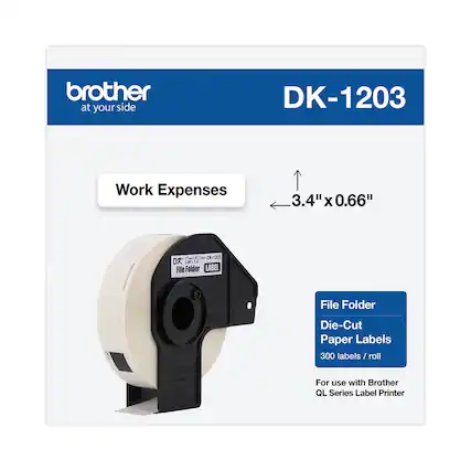 brother
at your side
DK-1203
Work Expenses
3.4" x 0.66"
File Folder
Die-Cut
Paper Labels
300 labels / roll
For use with Brother QL Series Label Printer