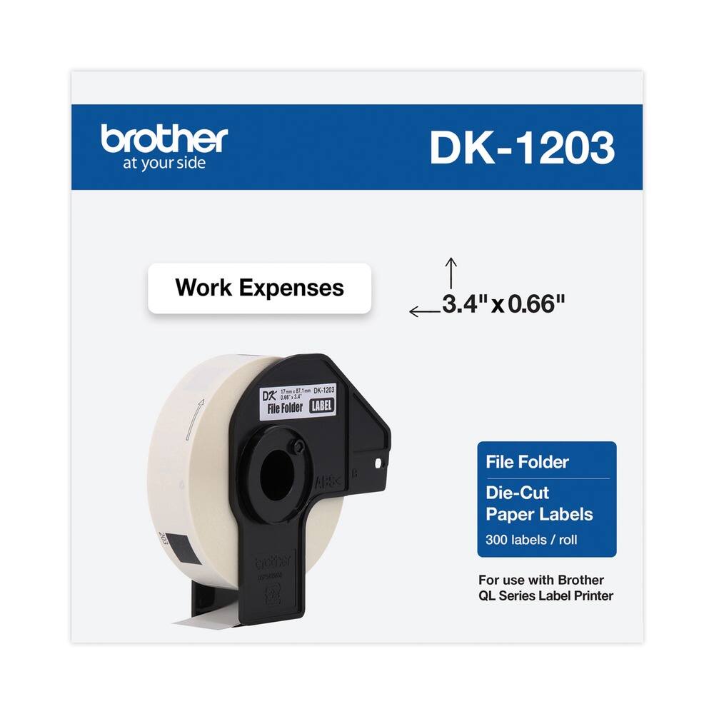 brother  
at your side  

DK-1203  

Work Expenses  

3.4" x 0.66"  

File Folder  
Die-Cut  
Paper Labels  
300 labels / roll  

For use with Brother QL Series Label Printer