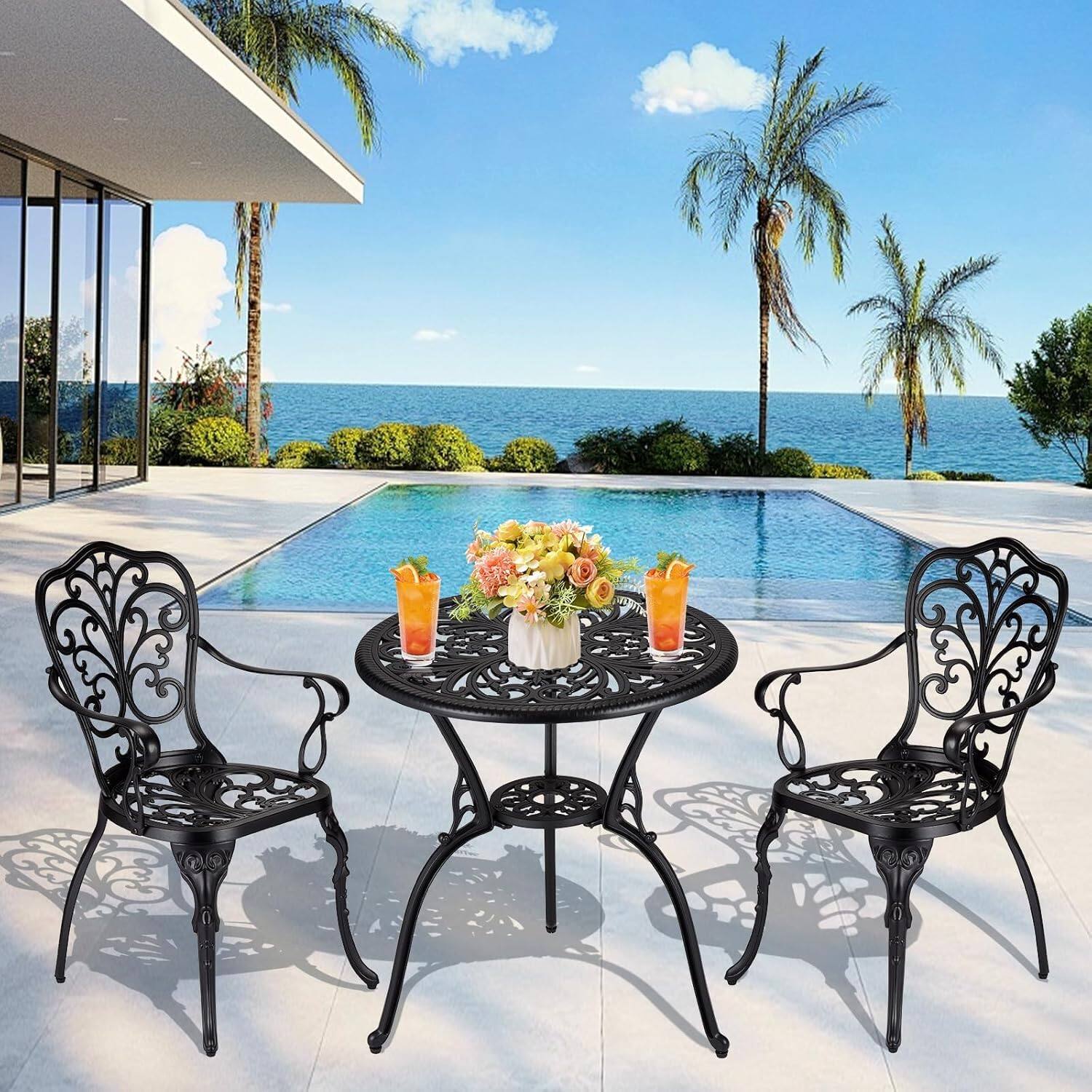 Left. Homhougo - 3 Piece Outdoor Bistro Set, Cast Aluminum Patio Table and Chairs Set of 2 with Umbrella Hole - Black.