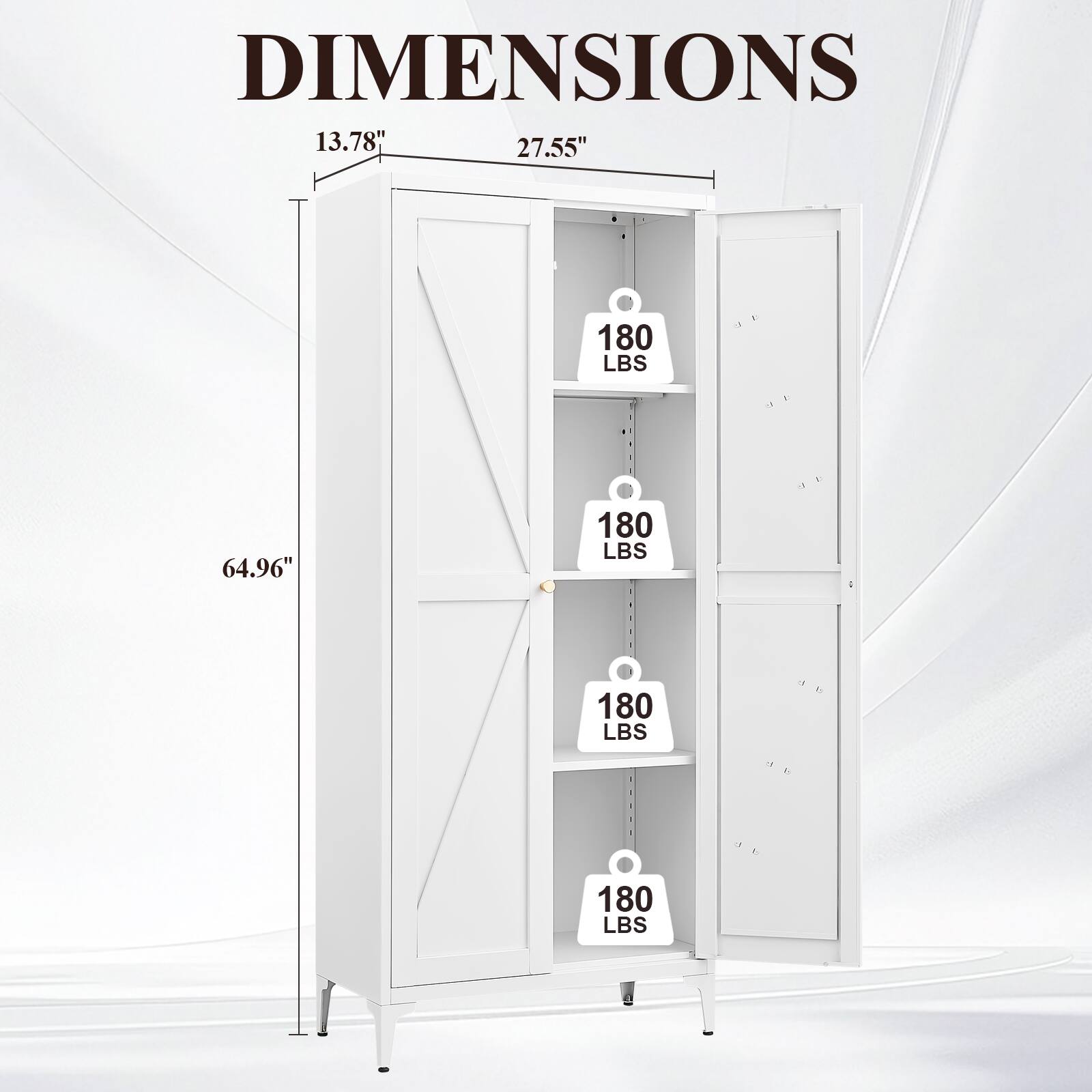 DIMENSIONS  
13.78" x 27.55" x 64.96"  
180 LBS (each shelf)