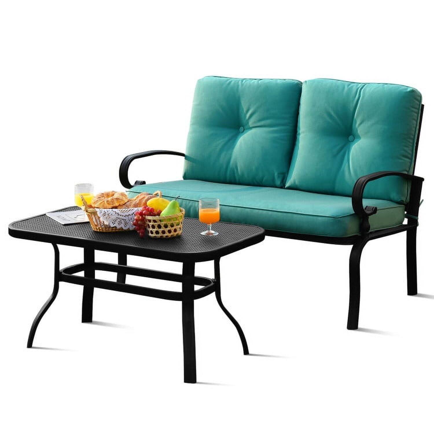 Left. Kadyn - 2PCS Patio Loveseat Bench Table Furniture Set, Small Patio Conversation Furniture Set with Cushioned Chair-Turquoise - Blue.