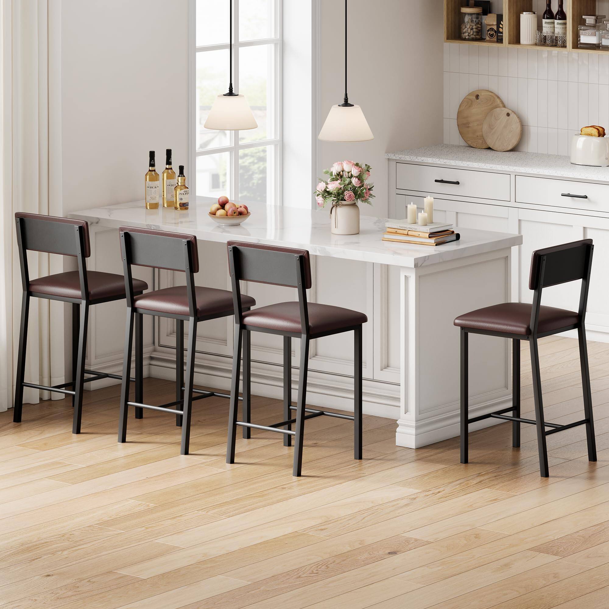 Left. Babevy - Bar Stools Set of 4, PU Leather Counter Height Bar Stools with Backrest and Footrest,Tall Bar Stool with Thick Cushion - Brown.