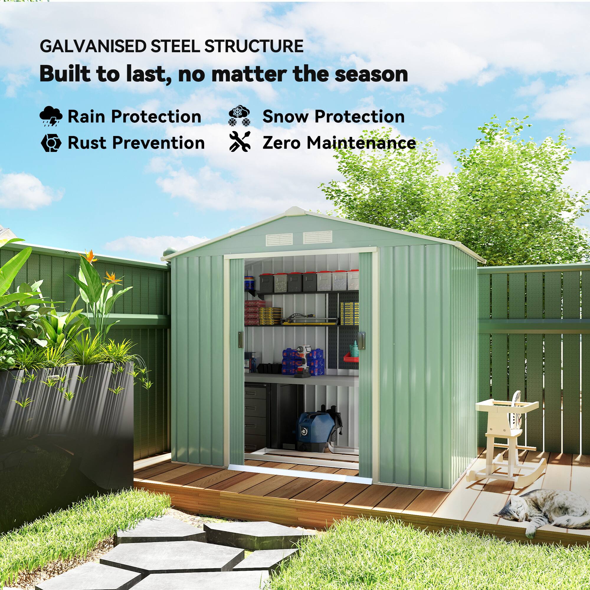 GALVANISED STEEL STRUCTURE  
Built to last, no matter the season  

- Rain Protection  
- Snow Protection  
- Rust Prevention  
- Zero Maintenance