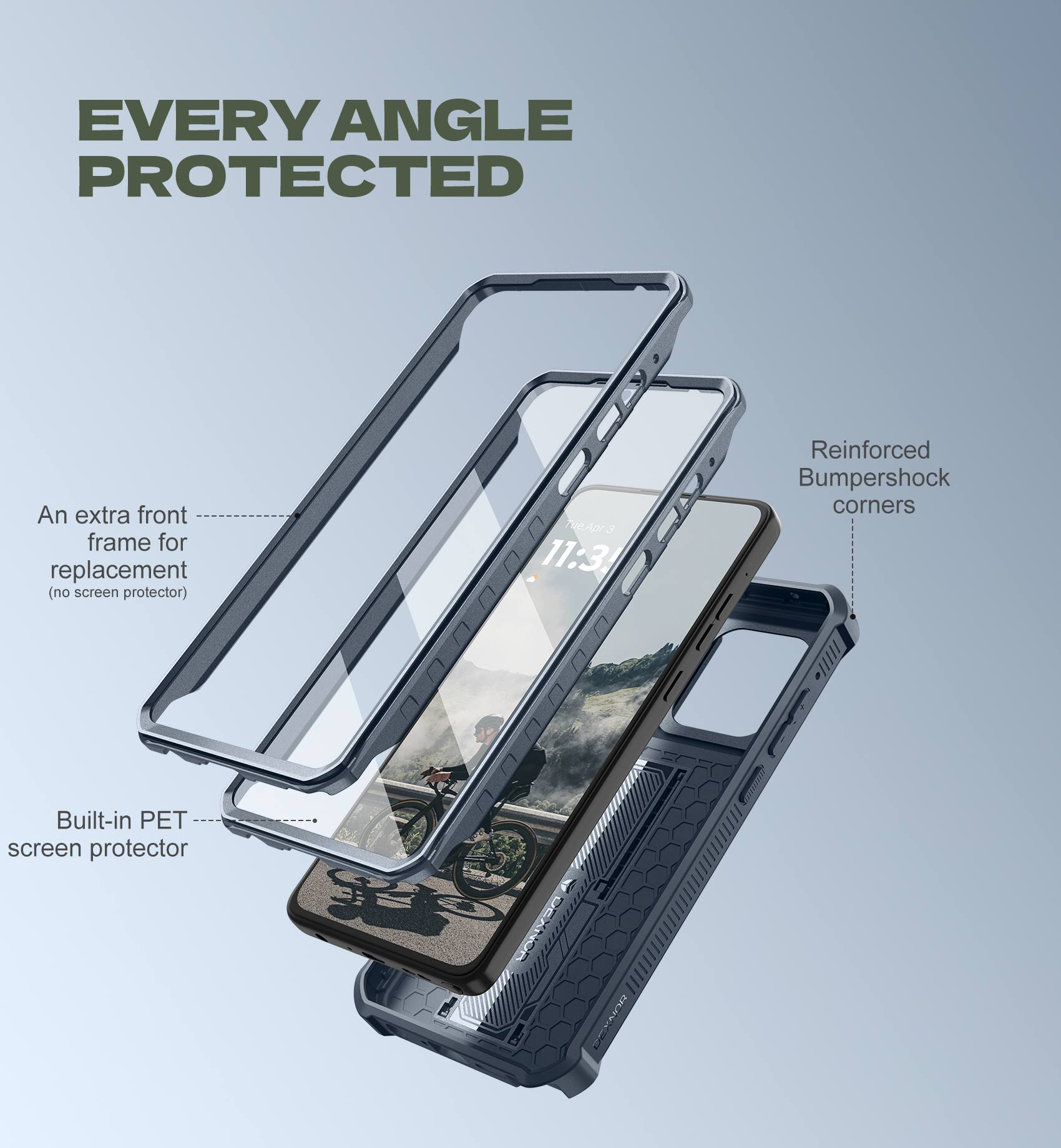 EVERY ANGLE PROTECTED

- An extra front frame for replacement (no screen protector)
- Built-in PET screen protector
- Reinforced Bumpershock corners