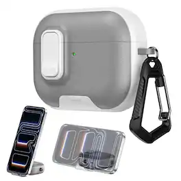 Dteck - Case for AirPods Pro 3rd Gen (2025) with Lock Closure,Stand & Carabiner,Shockproof Leather Texture Earbuds Cover - Graywhite