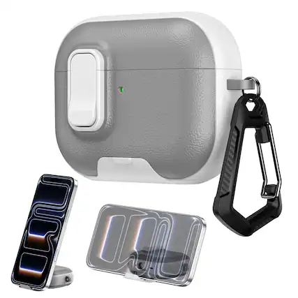 Front. Dteck - Case for AirPods Pro 3rd Gen (2025) with Lock Closure,Stand & Carabiner,Shockproof Leather Texture Earbuds Cover - Graywhite.