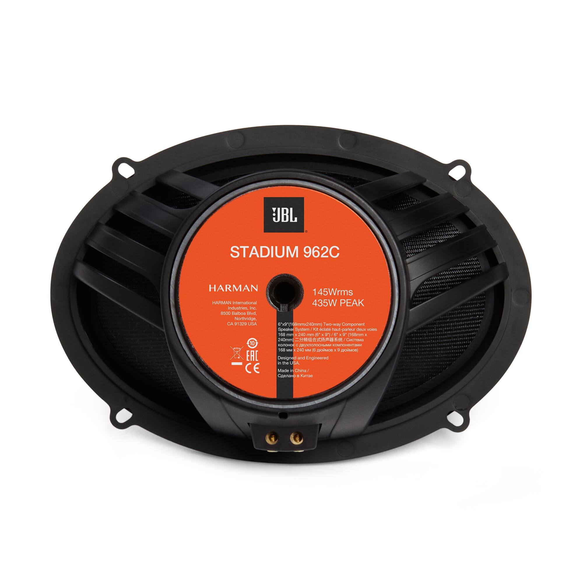 JBL STADIUM 962C  
HARMAN  
145W RMS  
435W PEAK  

HARMAN International  
8800 Balboa Blvd.  
Northridge, CA 91325 USA  

6.5" (165mm) Two-way Component  
16Ω (4Ω min)  
2Ω (2Ω min)  

Designed and Engineered in the USA  
Made in China  

CE