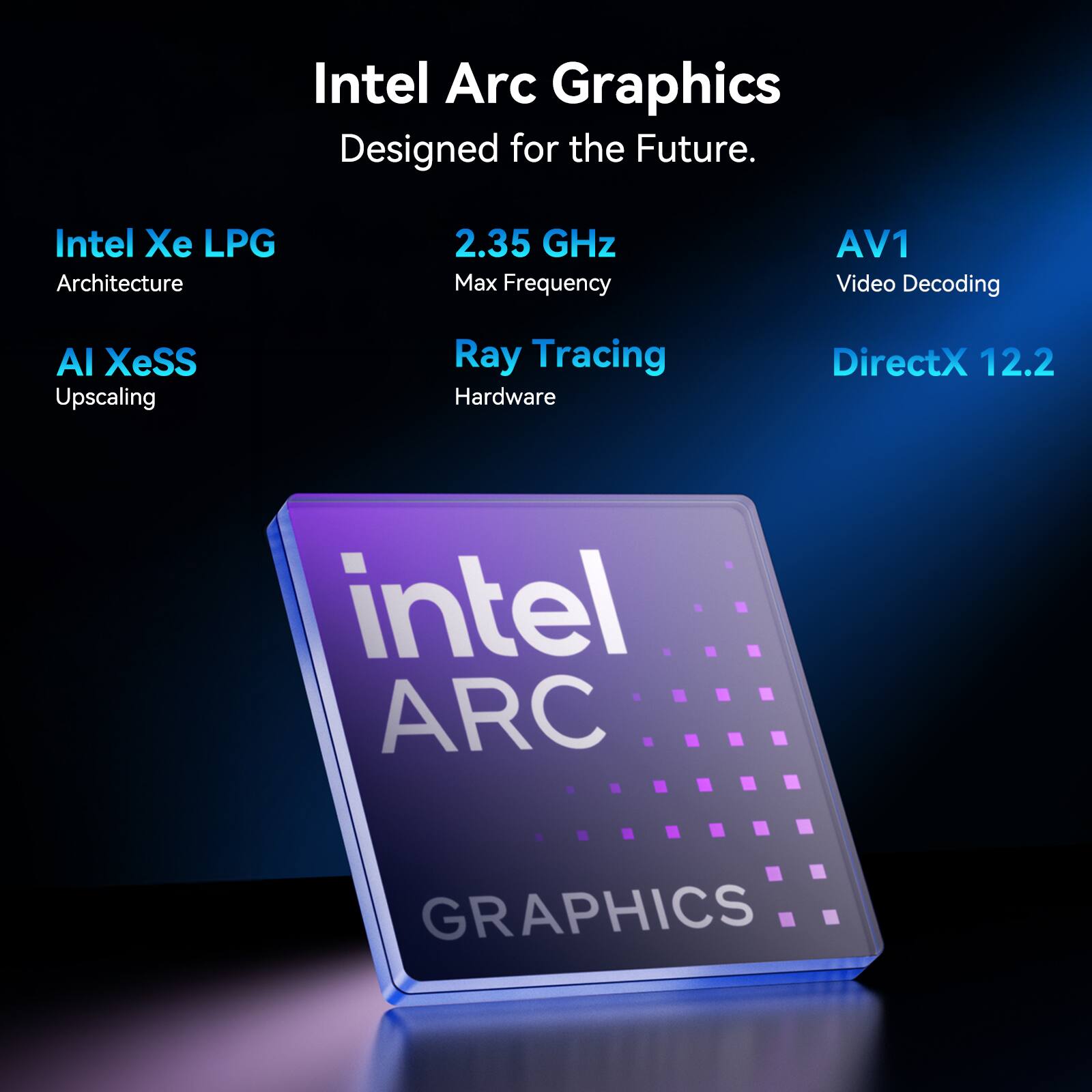 Intel Arc Graphics  
Designed for the Future.  
Intel Xe LPG Architecture  
2.35 GHz Max Frequency  
AV1 Video Decoding  
AI XeSS Upscaling  
Ray Tracing Hardware  
DirectX 12.2  
intel ARC GRAPHICS
