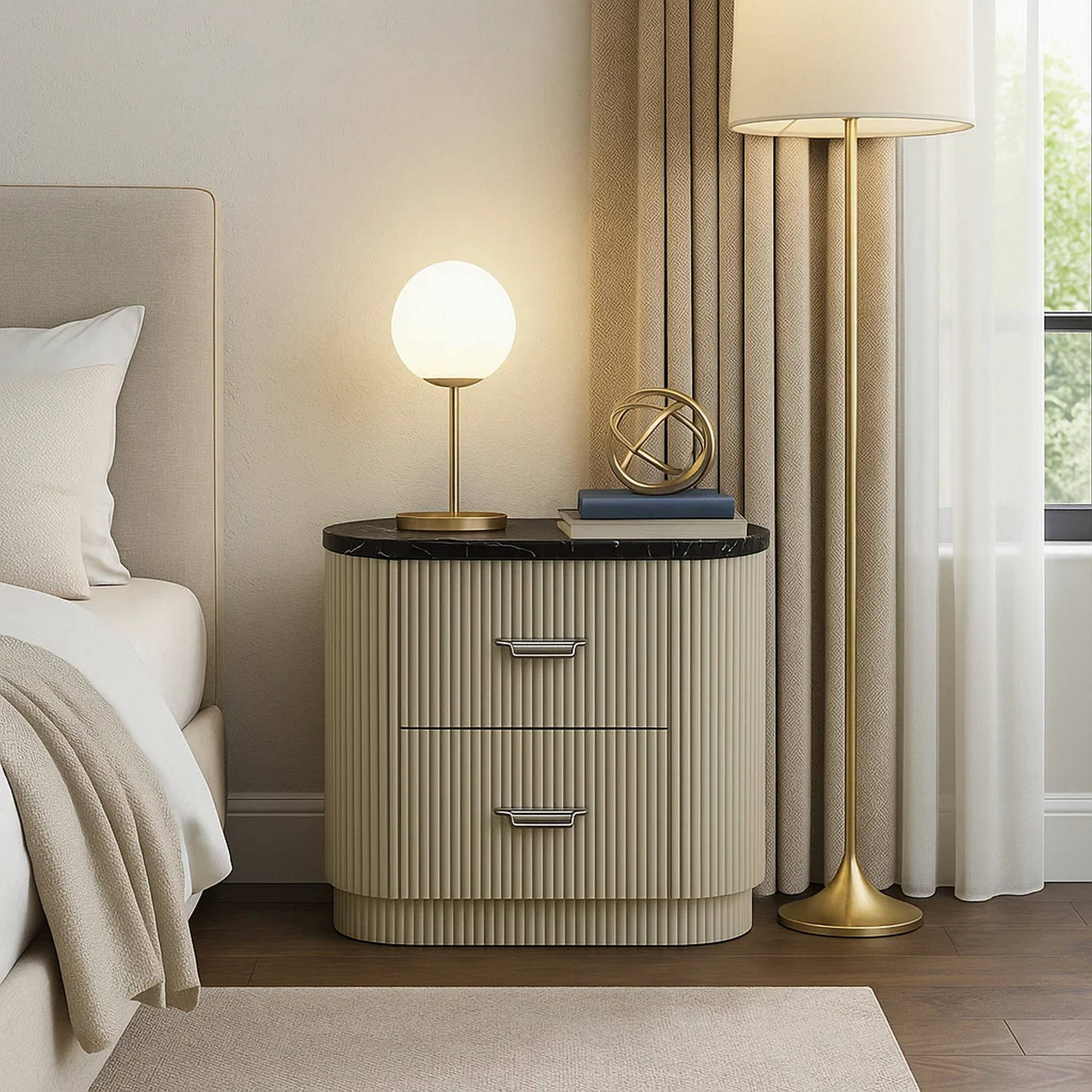 Alt View 2. Manhattan Lane - Trex Nightstand, 2 Reeded Drawers with Faux Marble Oval Top - Beige, Black, Silver.