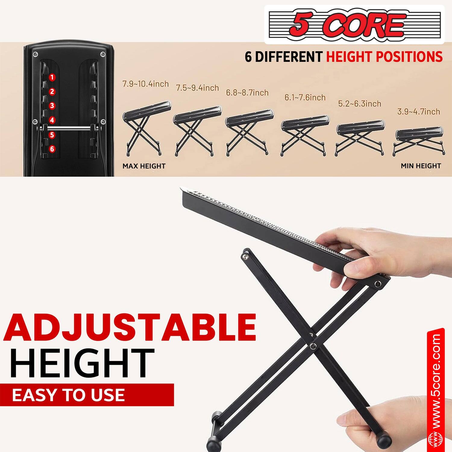 5 CORE, 6 DIFFERENT HEIGHT POSITIONS, 7.9~10.4inch, 7.5-9.4inch, 6.8~8.7inch, 6.1~7.6inch, 5.2~6.3inch, 3.9~4.7inch, MAX HEIGHT, MIN HEIGHT, ADJUSTABLE HEIGHT, EASY TO USE, www.5core.com