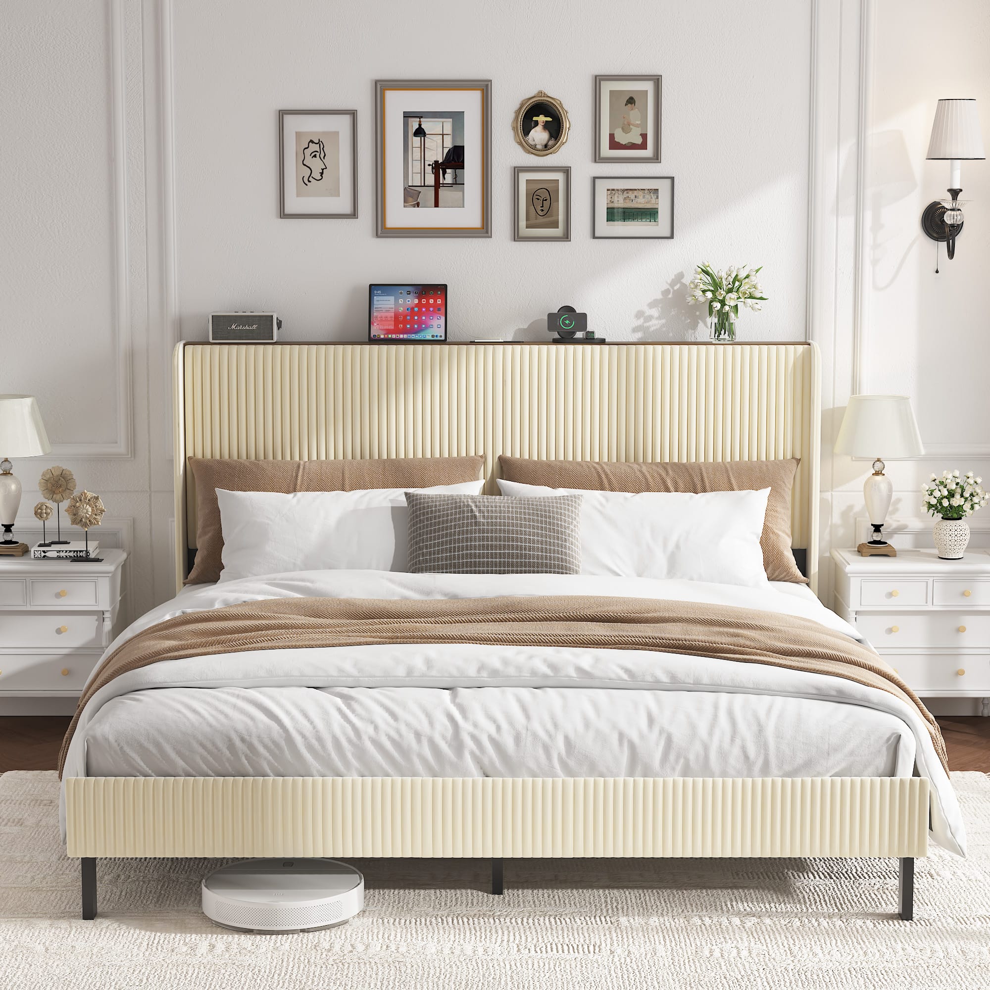 LUCKY ONE - King Size Platform Bed , Metal Bed Frame with Charging Station - Beige
