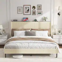 LUCKY ONE - King Size Platform Bed , Metal Bed Frame with Charging Station - Beige