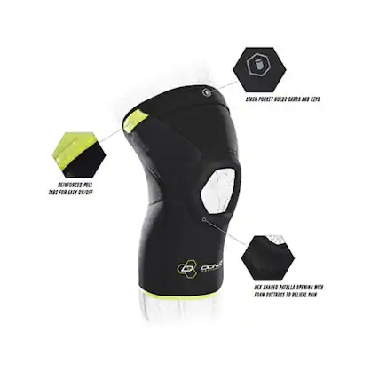 STASH POCKET HOLDS CARDS AND KEYS
REINFORCED PULL TABS FOR EASY ON/OFF
HEX SHAPED PATELLA OPENING WITH FOAM BUTTRESS TO RELIEVE PAIN