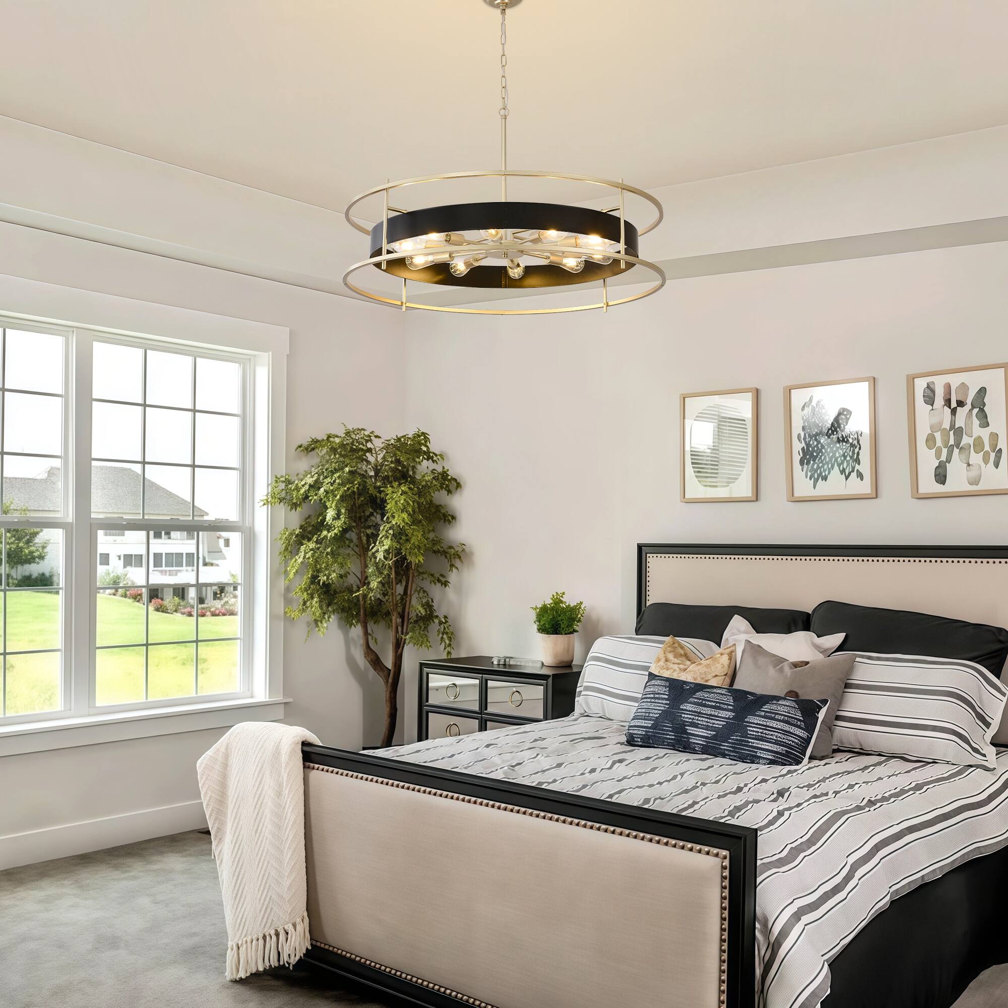 Left. RYHNUYNE - Modern Black and Gold 10-Light Chandelier - 40 Inch Round Adjustable Pendant Light for Dining Room, Living Room, Foyer.