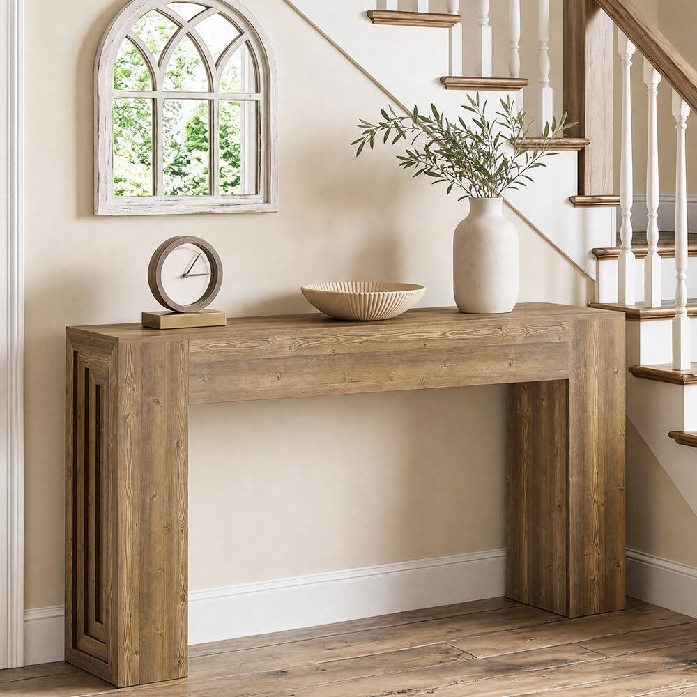 Back. Tribesigns - 63" Long Entryway Table, Farmhouse Console Table, Light Brown - Brown.