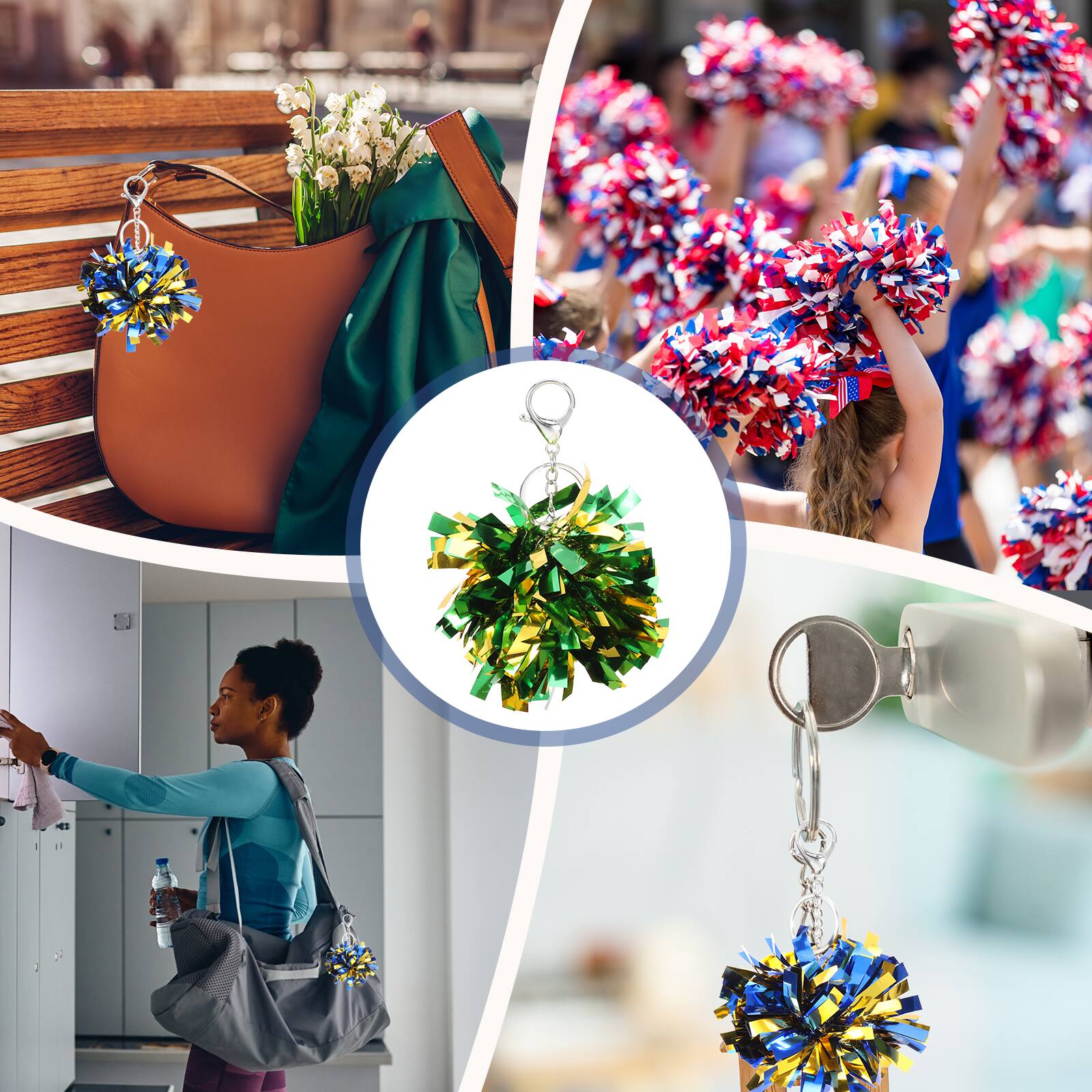 Alt View 5. Unique Bargains - 20pcs Cheer Pom Pom Keychain, Plastic Keyring Bulk for Cheerleaders Team Women Sports Events - Green/Gold Tone.