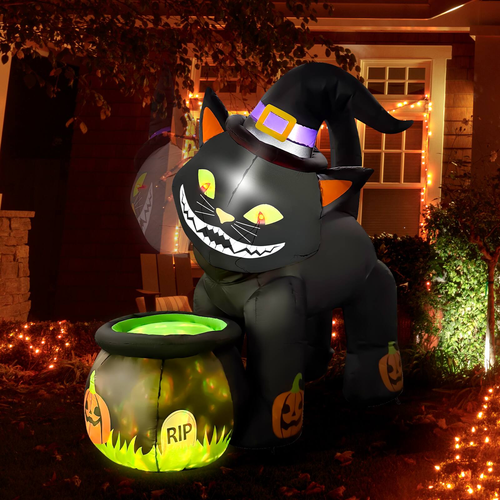 Left. GOOSH Inflatables - GOOSH 5.2FT Animated Inflatable Black Cat with Witch Hat and Cauldron – Light-Up Halloween Yard Decoration - Black.