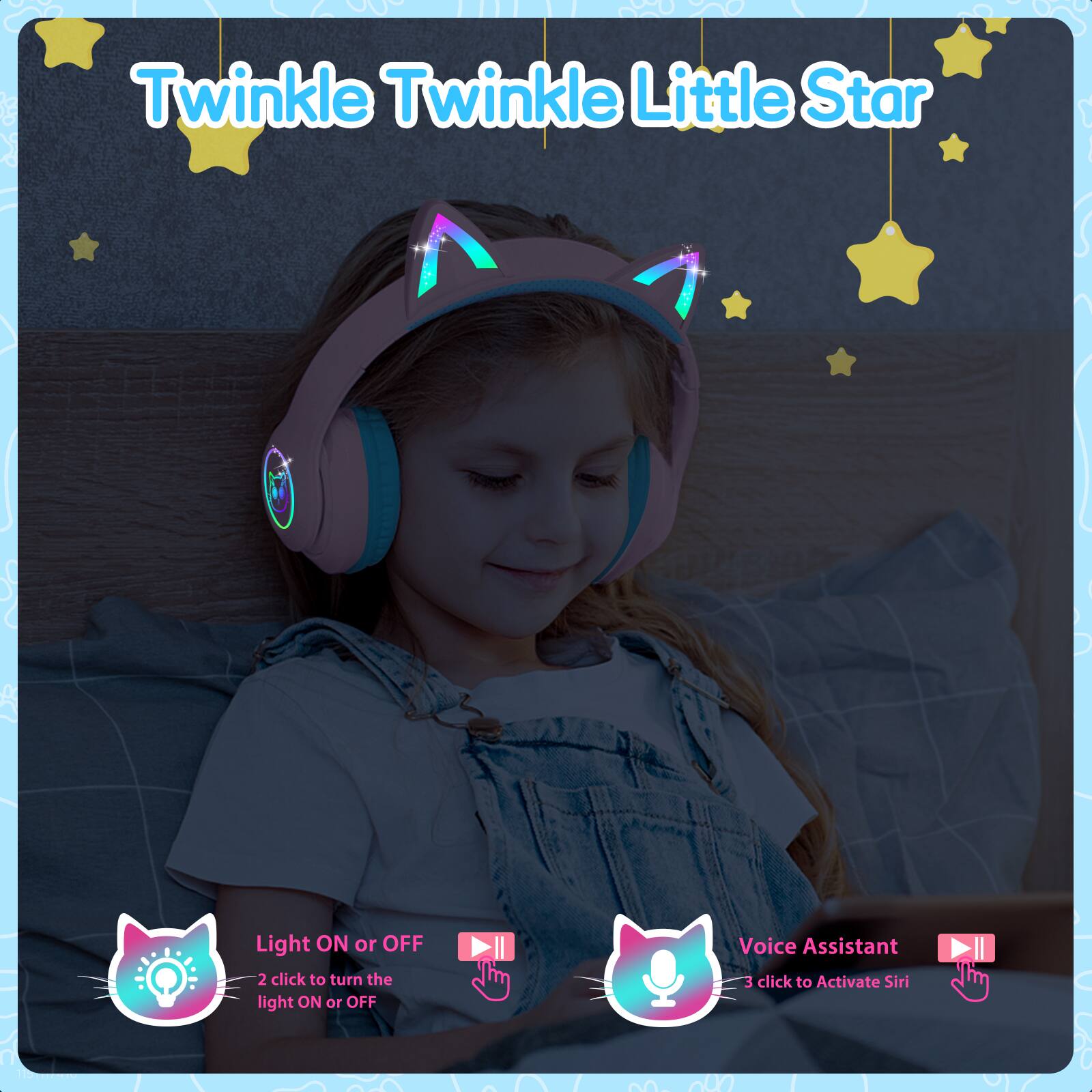 Twinkle Twinkle Little Star

Light ON or OFF
2 click to turn the light ON or OFF

Voice Assistant
3 click to Activate Siri