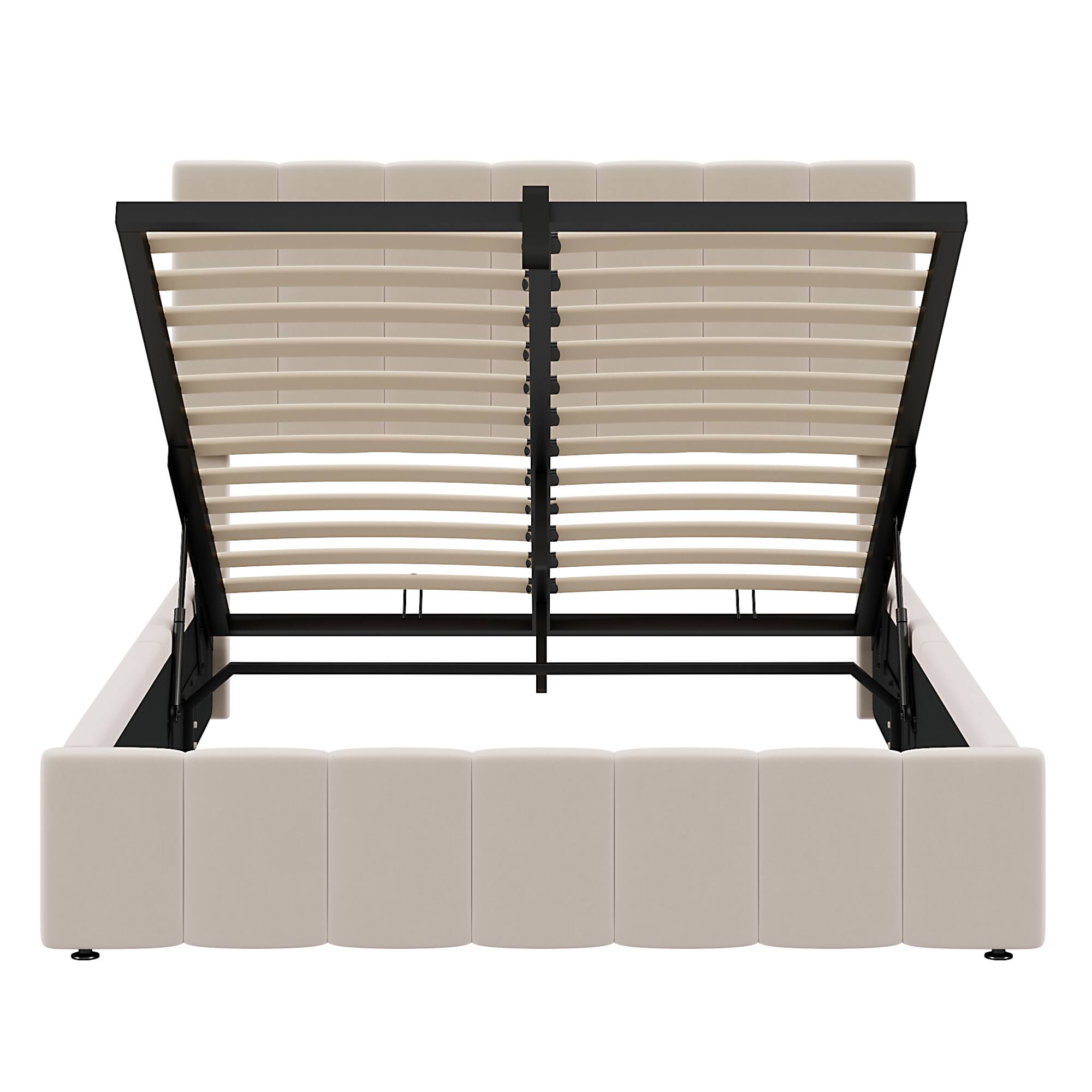 Alt View 6. GOODSILO - Full Size Upholstered Platform Bed with Hydraulic Storage System and Wooden Slat Support - Beige.