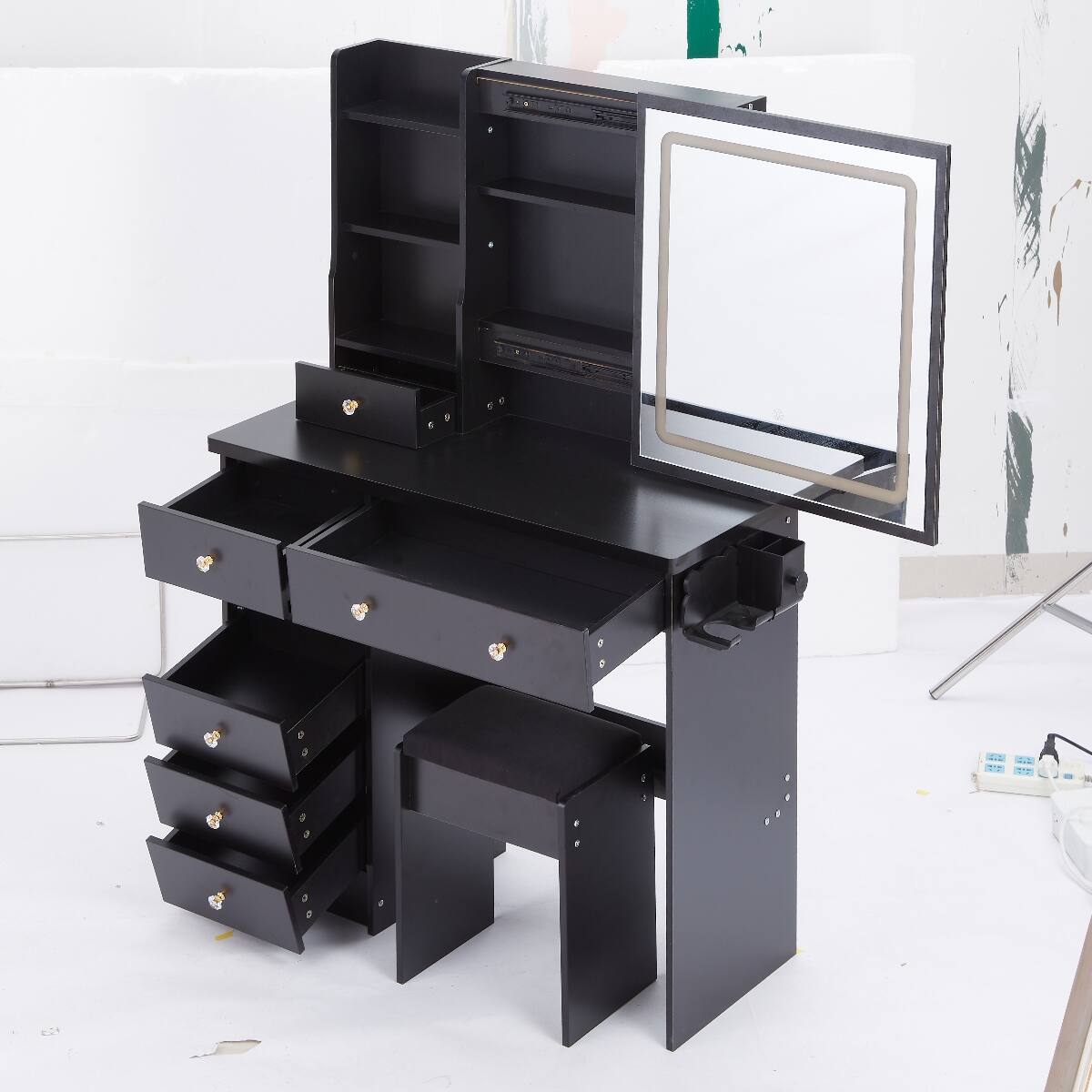 Back. Loheer - Loheer 37 Inch Makeup Vanity Table with Cushioned Stool, Sliding LED Mirror, Black - Black.
