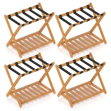 Front. Costway - Costway Folding Luggage Racks Set of 4 with Storage Shelf & 5 Nylon Straps Luggage Holder - Oak.