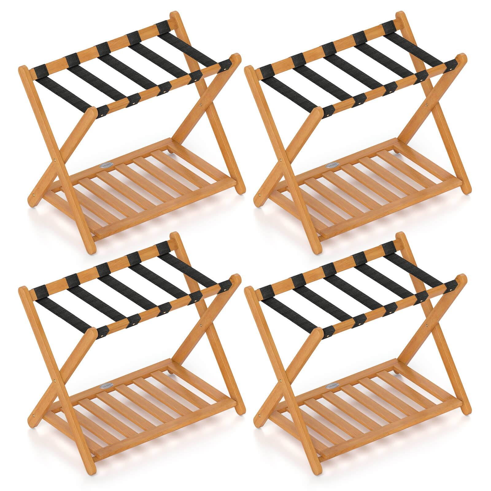 Front. Costway - Costway Folding Luggage Racks Set of 4 with Storage Shelf & 5 Nylon Straps Luggage Holder - Oak.